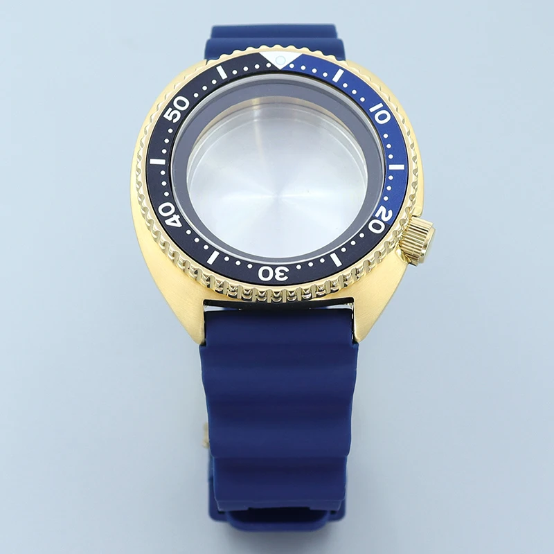 Assista Case com pulseira de borracha azul, Sapphire Fit for Tuna Turtle, Seiko NH35, NH36, NH34, Dial Movement Ring, Gold, 45mm, 007/009,28,5mm