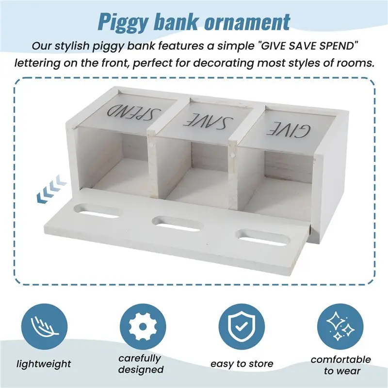 Wooden Give Save Spend Money Saving Box For Kids, Countertop Kid Piggy Bank For Daily Cash, Wall-Mount Kids Bank Durable White E