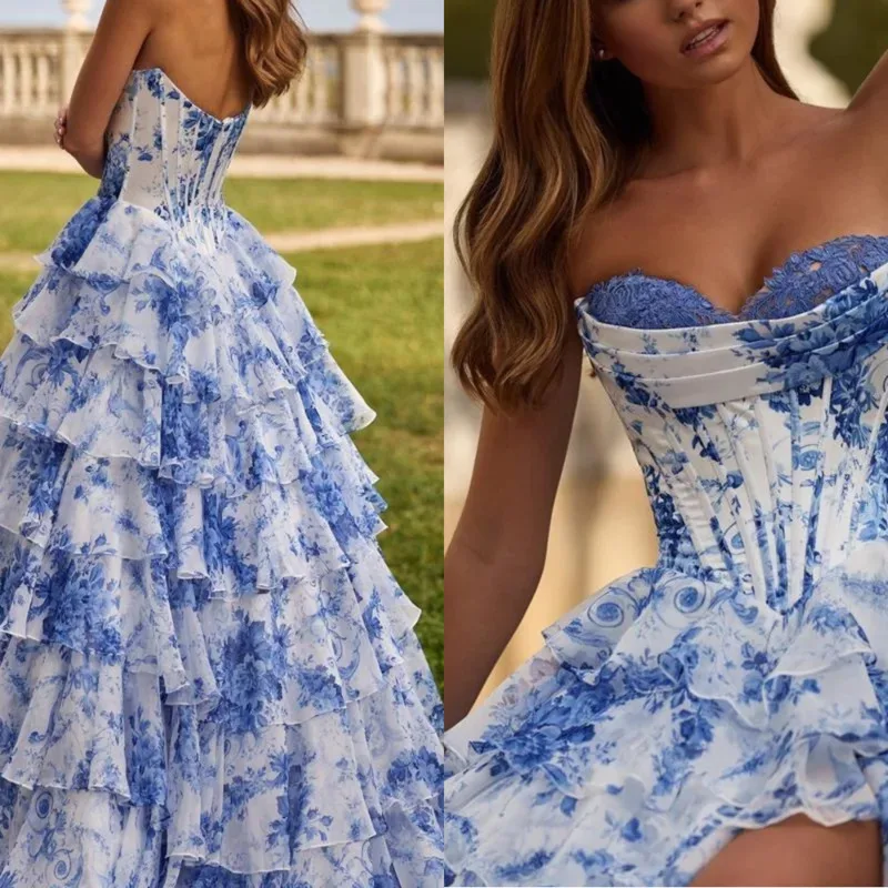 

Luxury Floral Print Strapless Ruffled Evening Dress Women Sleeveless Corset High Waist Split Hem Banquet Ball Gown New Clothing