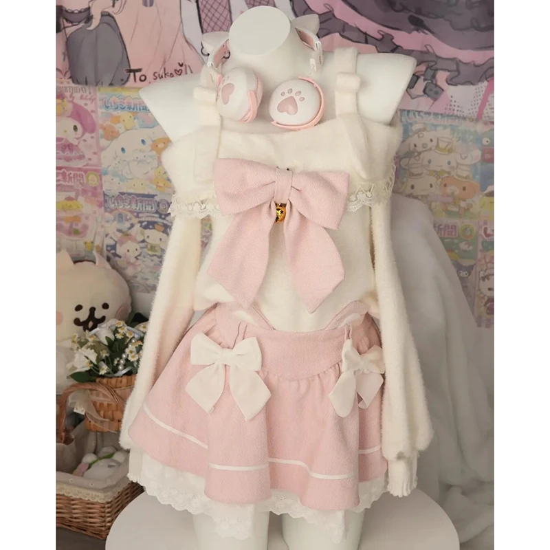 

Autumn Winter Lolita Skirt 2 Piece Set Sweet Bow Lace Patchwork Long Sleeve Sweater Kawaii Pretty Harajuku Y2K Pink Mini Skirt