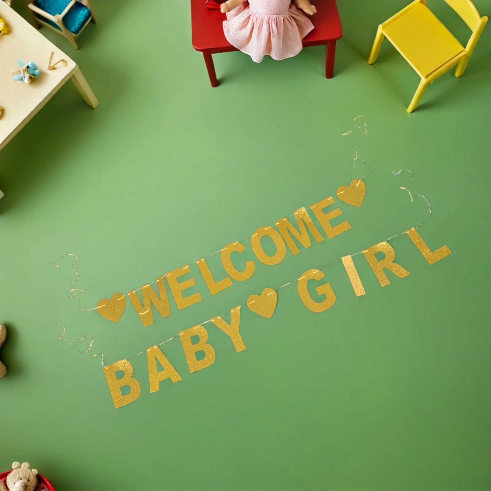Welcome Baby Girl Glitter Hanging Banner Birthday Party Decoration Infant Shower Party Supply