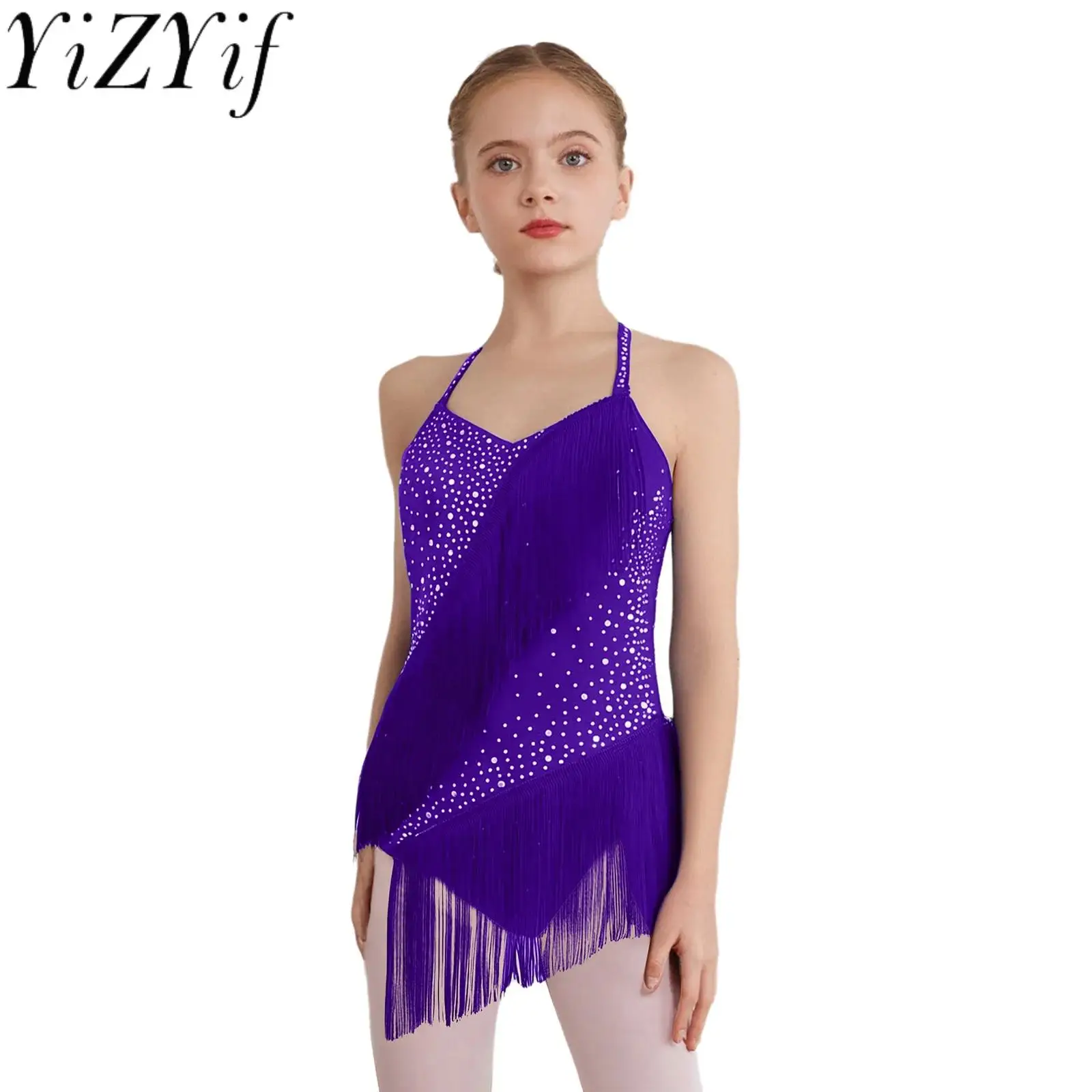 

Kids Girls Latin Cha-cha Rumba Dance Performance Tassel Leotards Lyrical Figure Skating Latin Samba Stage Competition Costumes