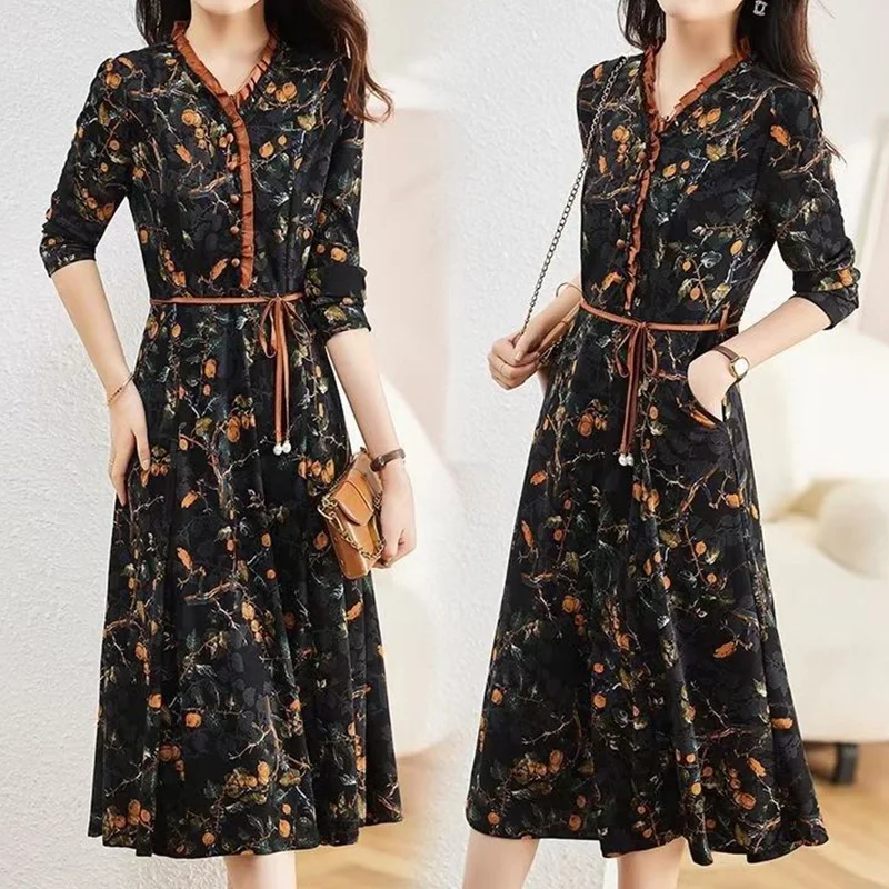 Elegant Chic Stringy Selvedge Patchwork V-Neck Lacing Long Sleeve Spring Autumn Clothes Fragmented Floral Print Dress for Women