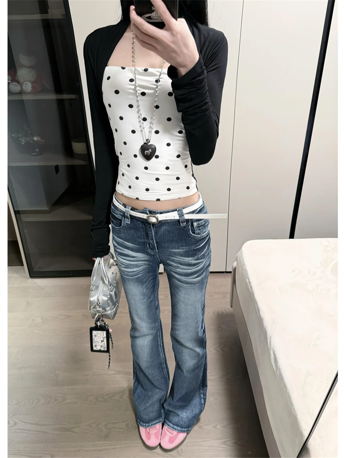 

Retro American Blue Low Waist Bell Bottom Jeans Women's Slimming Stretchy Long Floor Length Pants Casual Cotton Denim