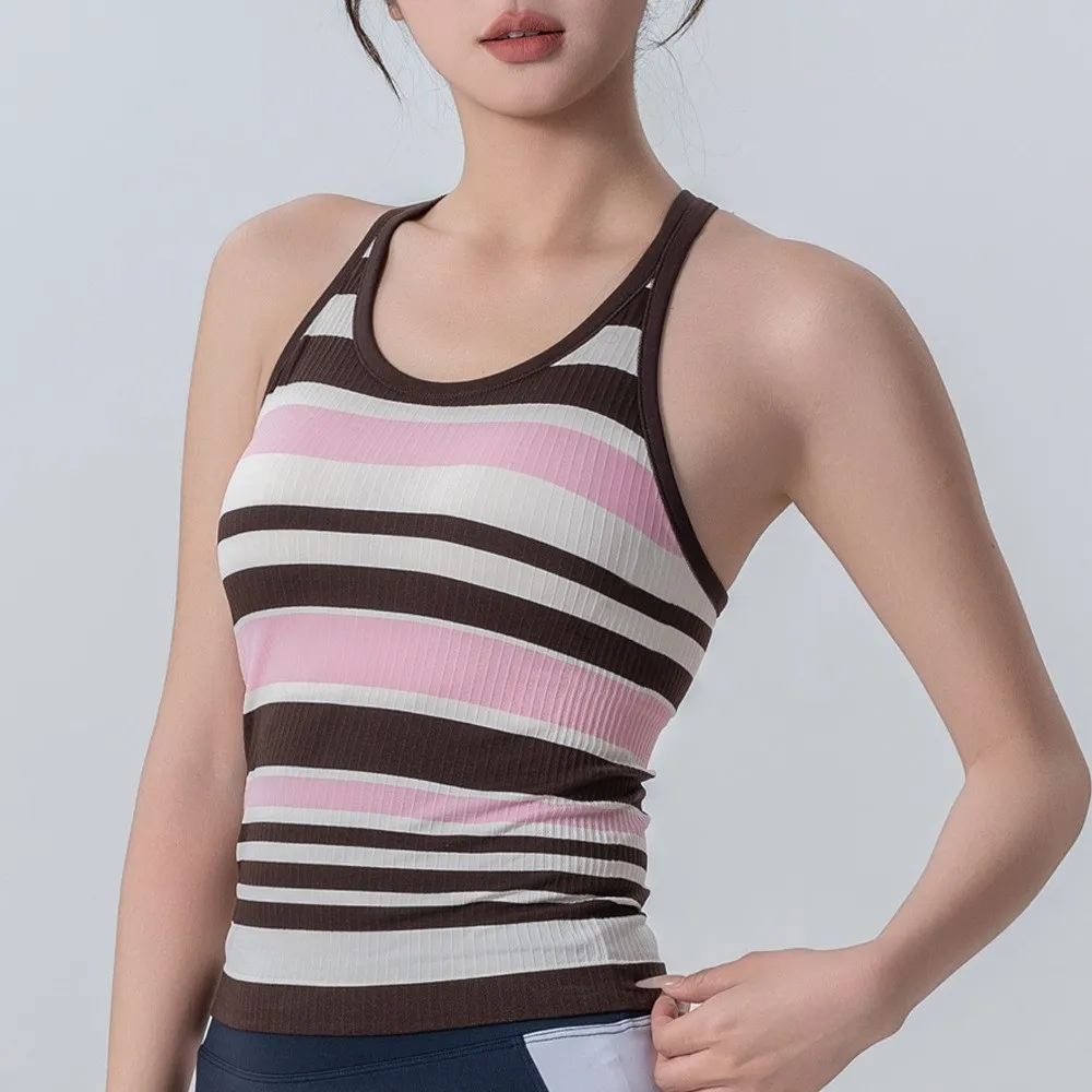 

Women's Ribbed Knitted Yoga Tank Top Sleeveless Summer Striped Running Vest Seamless Sports Shirt Casual Chest Cushion Gym Vest
