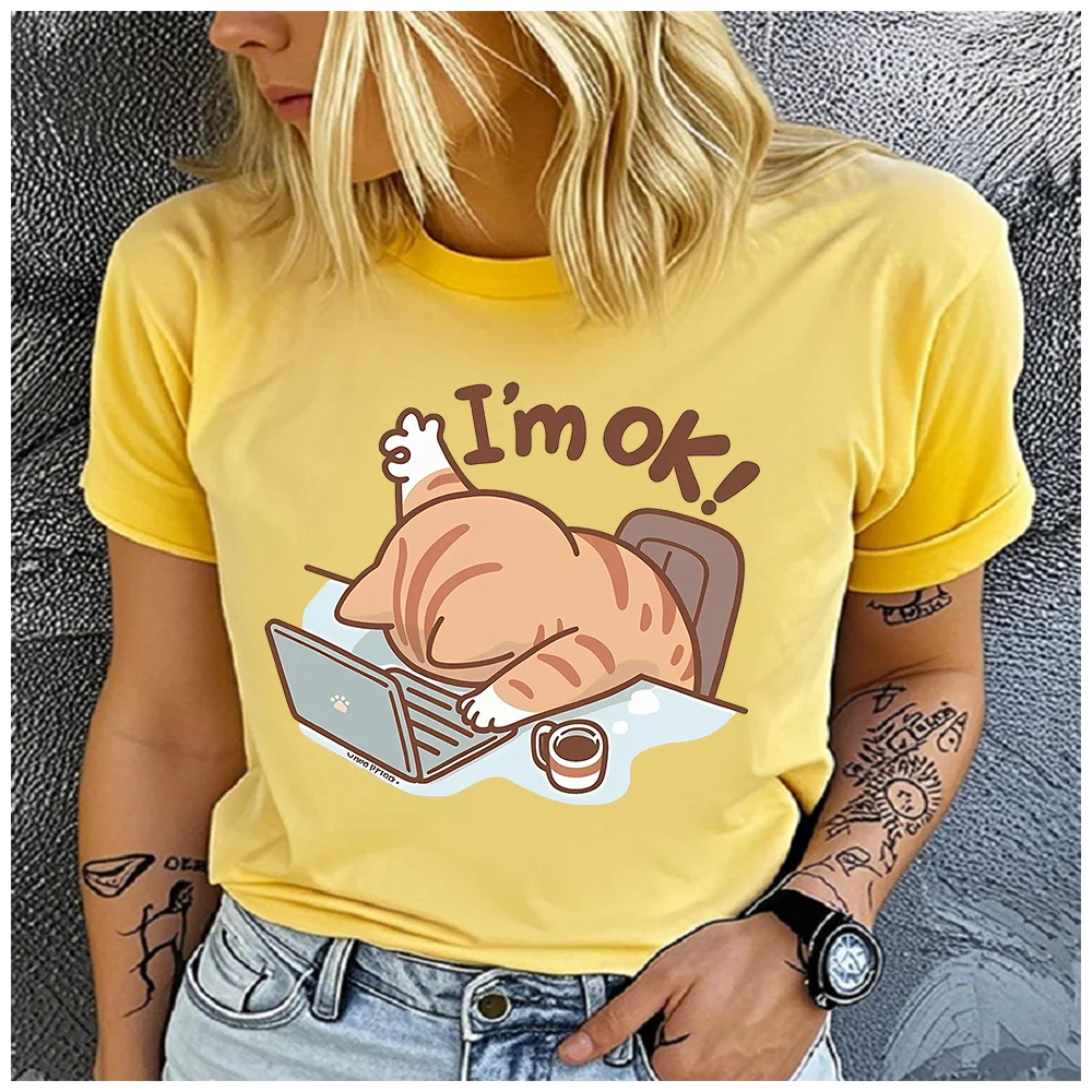 men Women's Cotton 100% Working-class cat Print T-shirt Loose round Neck Casual Short Sleeve Fashion Top  Clothing Summer
