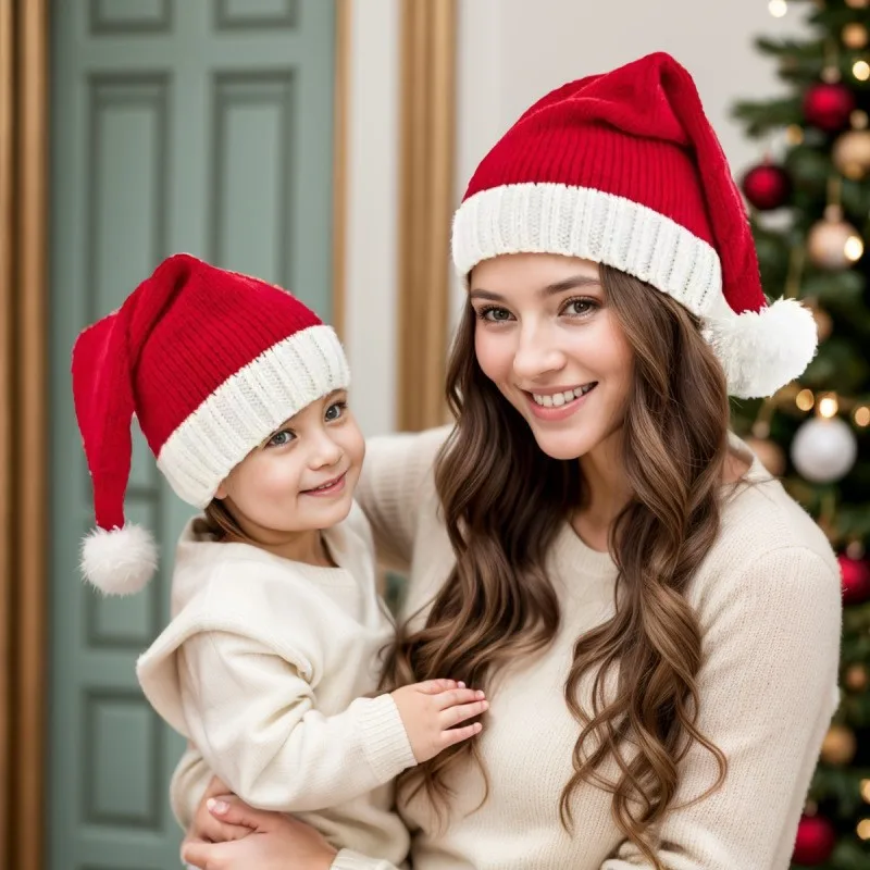 Klassische rote Weihnachtsmützen für Herbst und Winter, gestrickte Eltern-Kind-Mützen, festliche Outfits für Weihnachtsmann