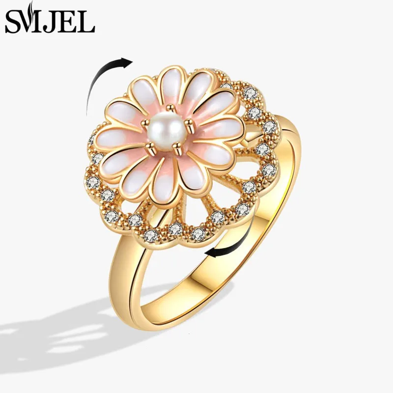 SMJEL Luxuriöse Kristall-Angstlöse-Drehringe für Frauen, niedlicher Sakura-Gänseblümchen-Rosen-Blumen-Drehring, Anti-Stress-Geschenk