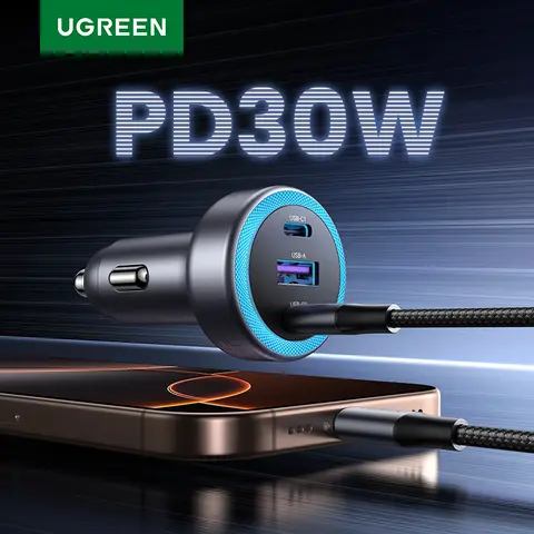 Cargador de coche UGREEN PD30W USB C cargador rápido para iPhone 17 16 15 carga rápida para teléfono móvil cargador de coche USB C