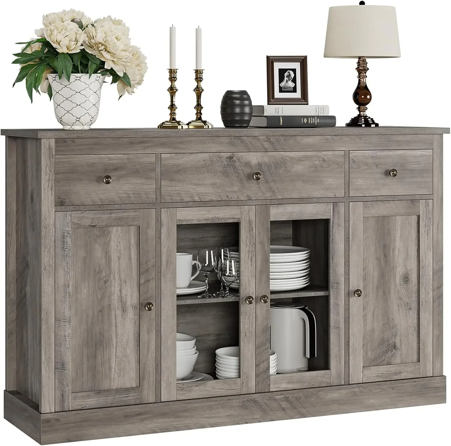 Aparador Buffet con almacenamiento, almacenamiento grande para Buffet de cocina de 55", mesa de Buffet de madera, gabinete de comedor, gris ceniza