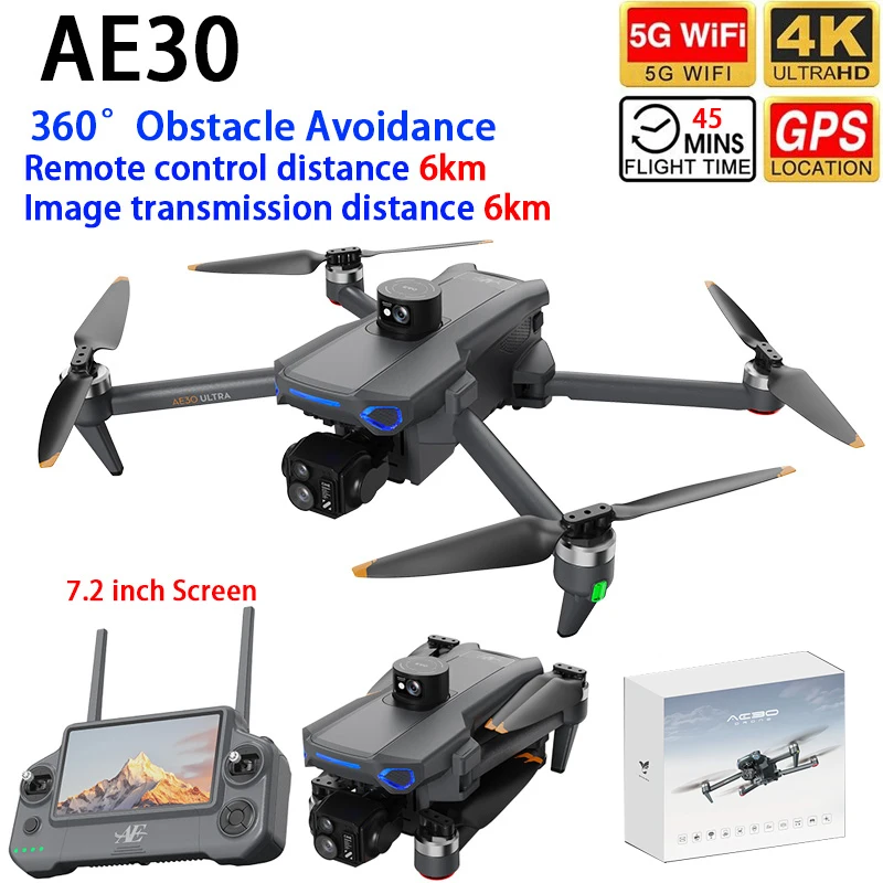 AE30 Drone GPS 6KM WIFI FPV 3-axis Gimbal 4K Dual Camera 360° Obstacle Avoidance 7.2