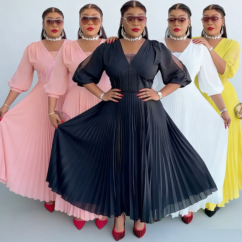 

Plus Size African Chiffon Dresses for Women Fashion Pleated Long Evening Party Dress Wedding Gown Ankara Dashiki Africa Clothing