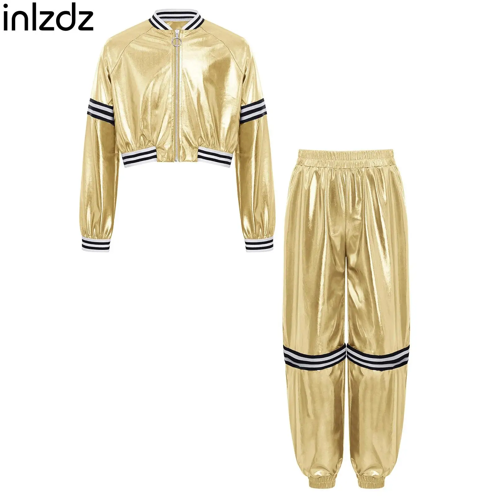 

Комплект для выступлений из 2 предметов: куртка с отстегивающимися рукавами и воротником-стойкой в полоску + металлизированные брюки для танцев в стиле хип-хоп и джаз для мальчиков и девочек