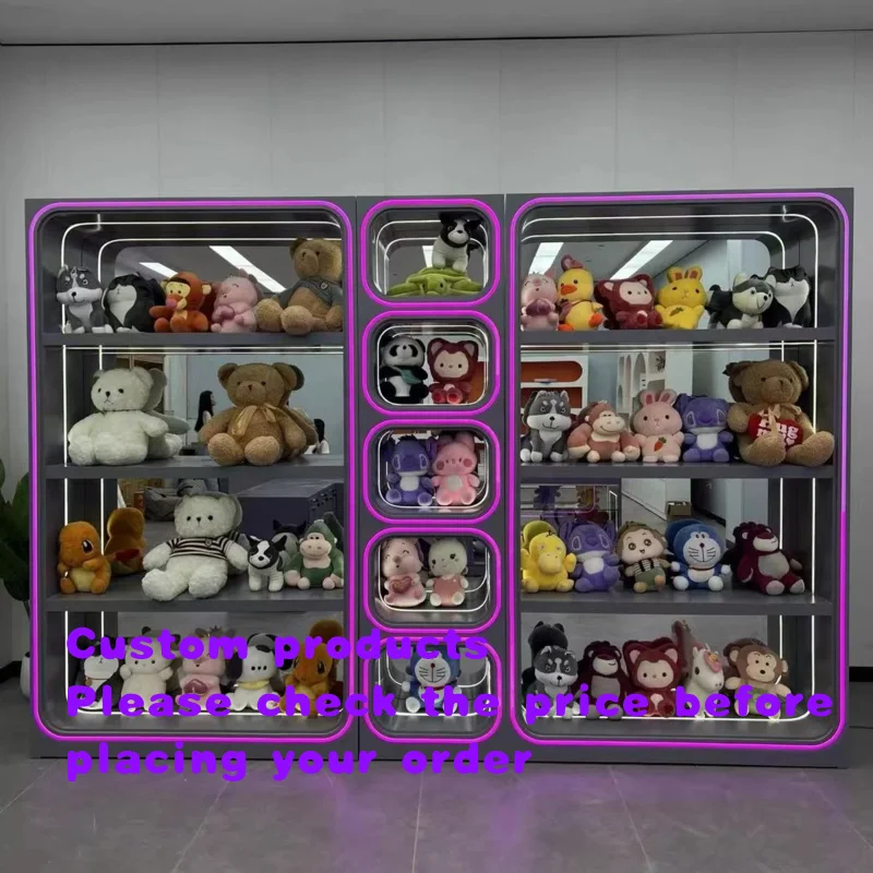 custom.Plush Toy Display With Neon Light Toy Display Cabinet Wooden Showcase Stuffed Animals Display Racks Toy