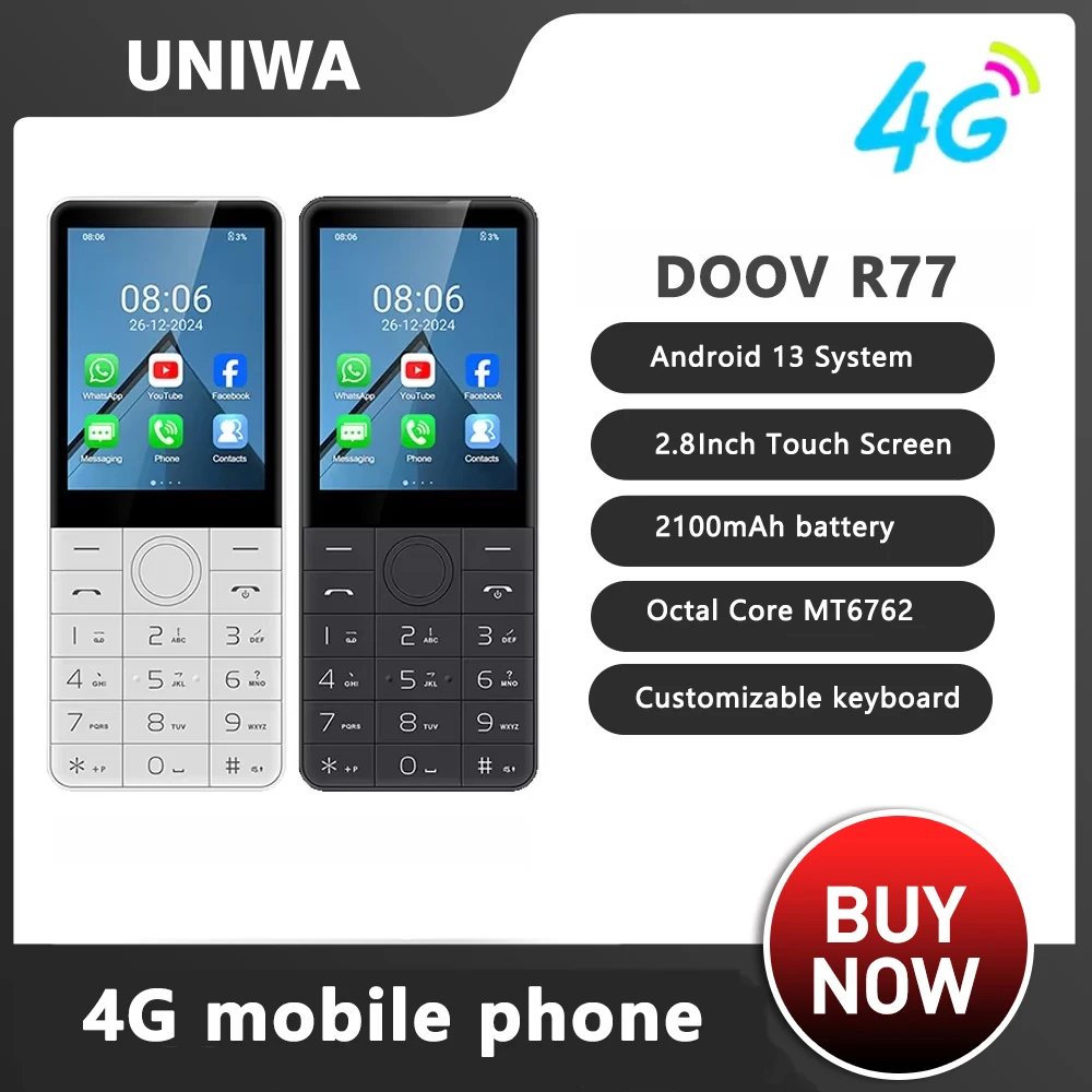 DOOV R77 4G inteligentny ekran dotykowy klawiatura telefon komórkowy bez aparatu 3GB + 32GB 2100mAh 2.8 Cal Smartphone Android hebrajska klawiatura