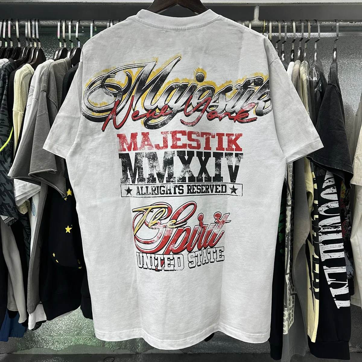 Streetwear New Letter Rhinestone Dyed Print Pattern T-shirts Men Women Hip Hop White Print Wash Do Old Shinning Diamond Tees