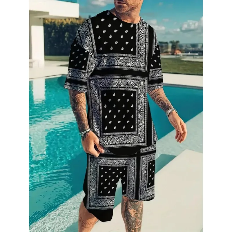 2025 Summer Street Men's Casual Sports Set Fashion Super Large 3D Printed T-shirt Shorts 2-piece Se