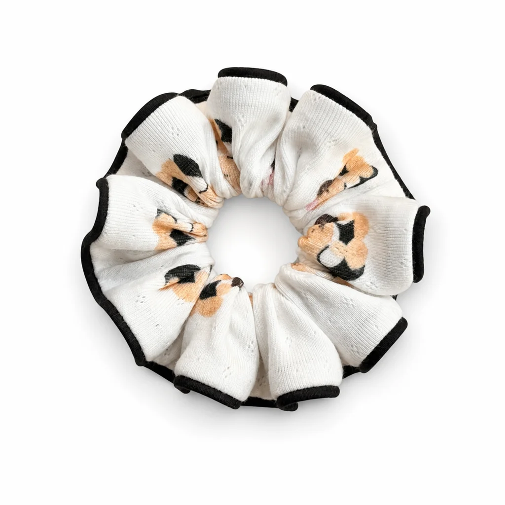 cream-cartoon-pet-double-layer-scrunchie-black-piped-oversized-handmade-soft-knit-look-hair-tie