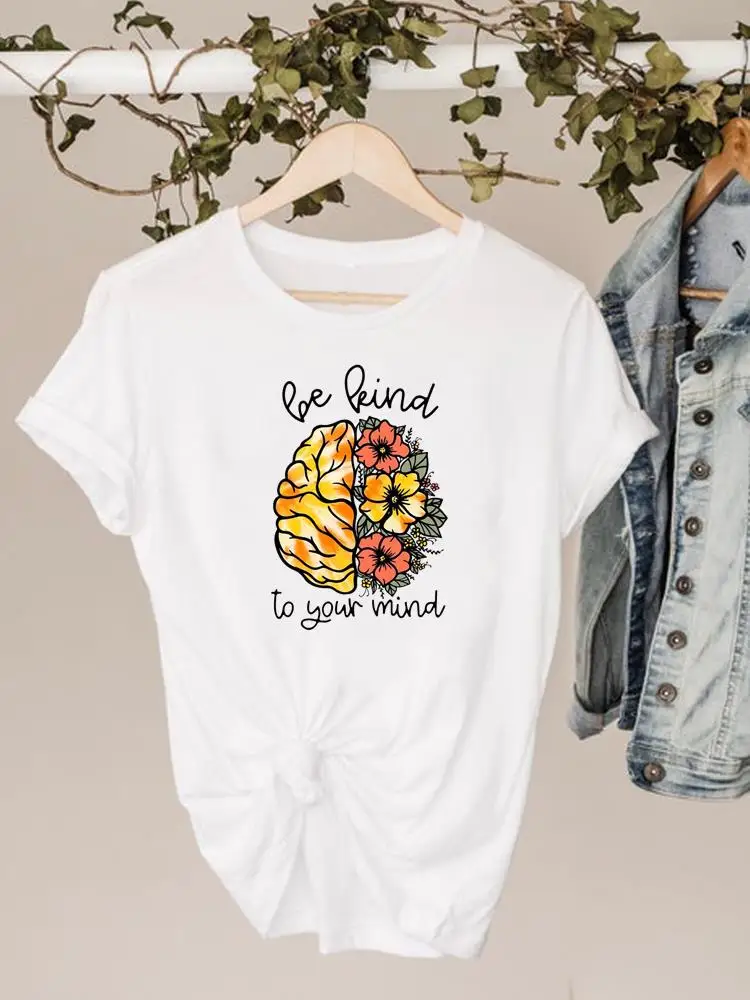 T-shirt à manches courtes pour femme, vêtement estival et basique, avec dessin animé de fleurs imprimées