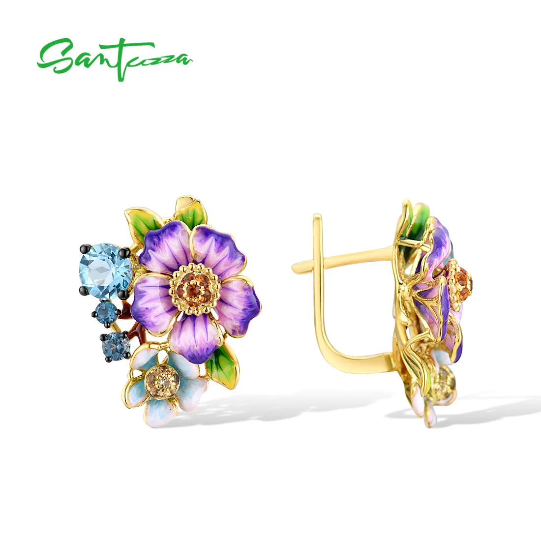 SANTUZZA Genuine 925 Sterling Silver Earrings For Women Sparkling Blue Gems Fantastic Purple Flower Birthday Gifts Fine Jewelry