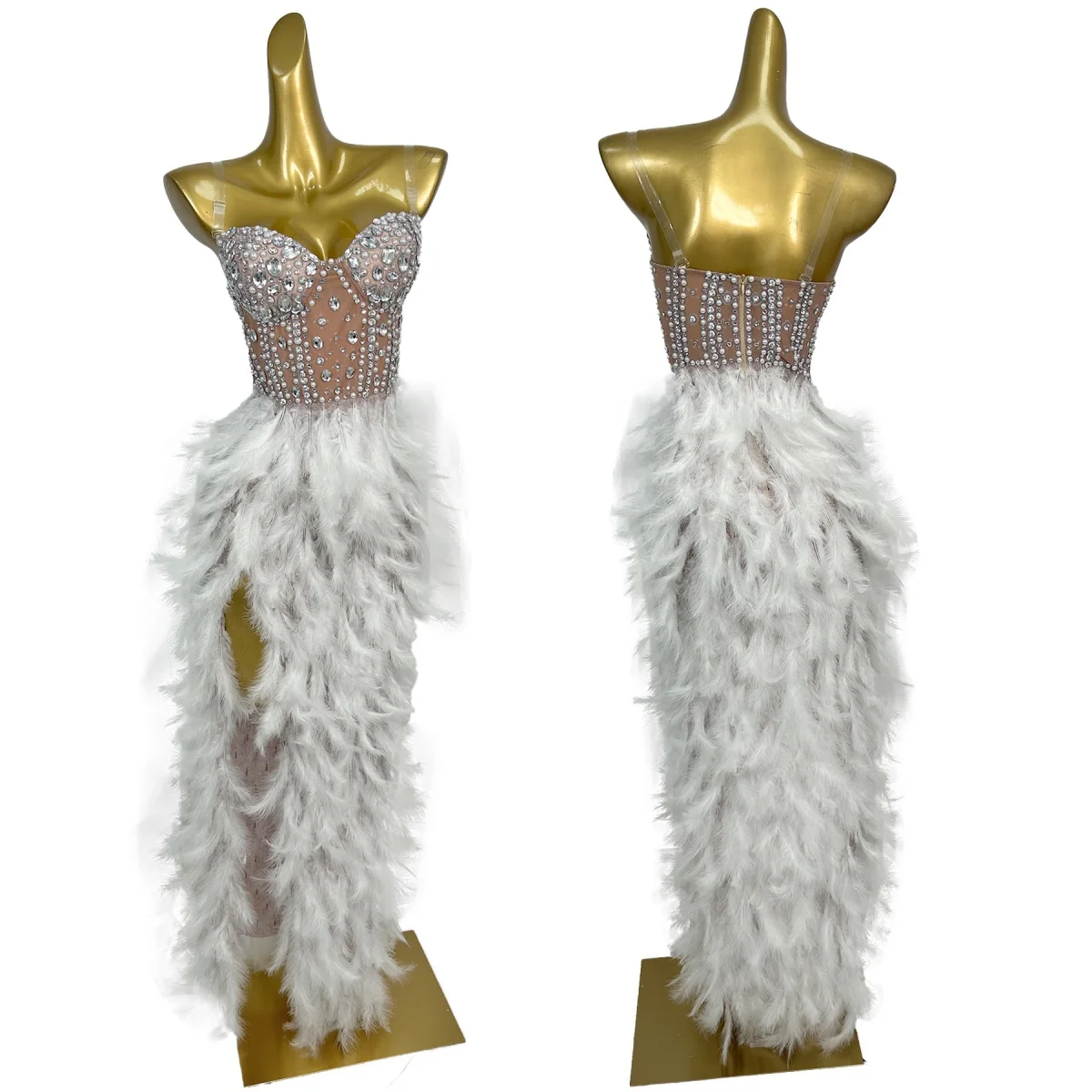 

Women Sexy Sparkly Crystals Feather Strapless Dress Elegant Party Prom Luxury Evening Gown Birthday Party Costume Baiyuchangqun