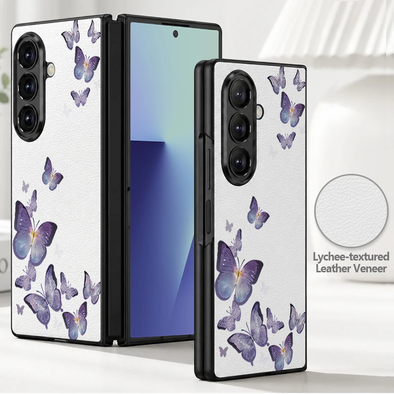 Butterfly Patterned Leather Phone Case For Samsung Galaxy Z Fold8 Fold7 Fold6 Fold5 Fold4 Shockproof Hard PC Frame Folding Cover