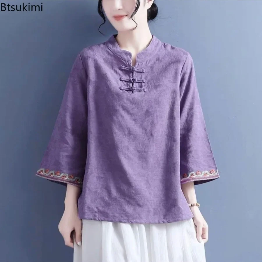 Chinese Style Jacquard Embroidery Shirt for Women Elegant Vintage Stand Collar Blouse Traditional Hanfu Casual Cotton Linen Tops