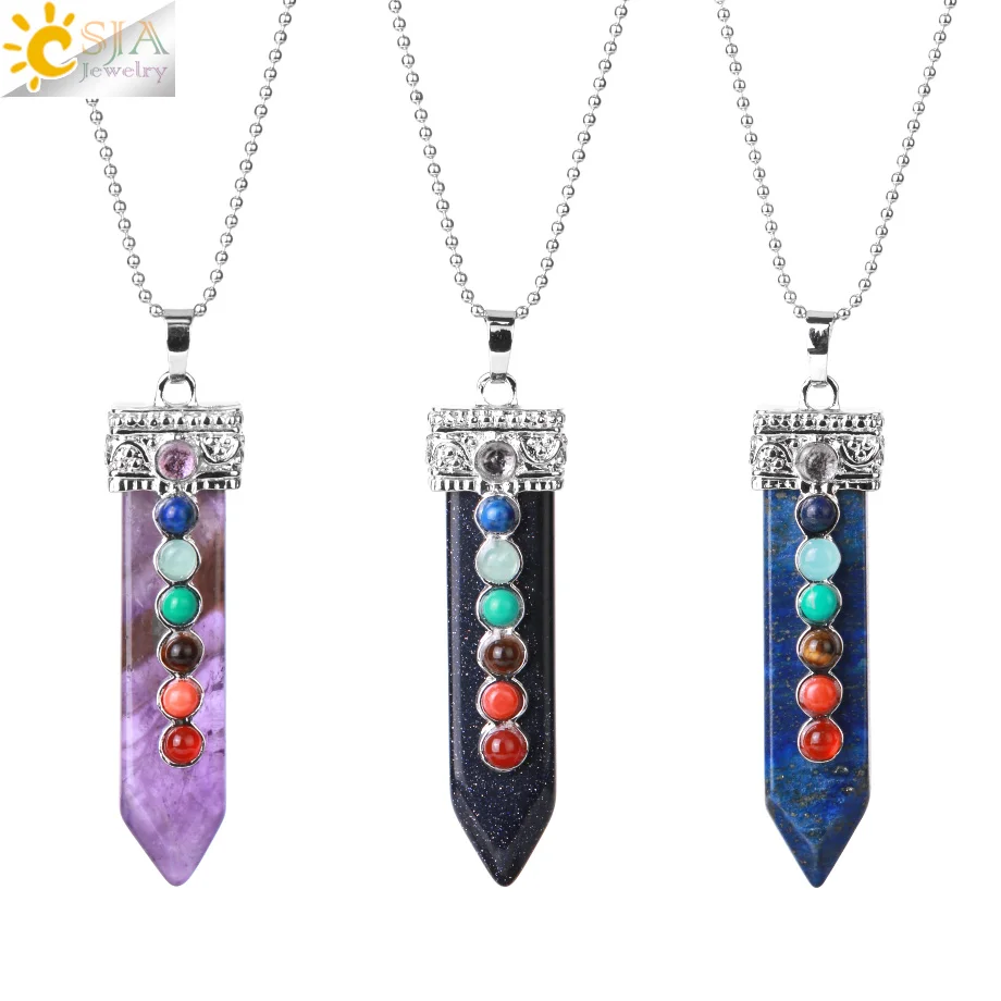 CSJA Natural Round Gem Stone Beads 7 Chakra Necklace Pendants Sword Pendulum Charms Healing Reiki Woman Men Yoga Jewellery E332