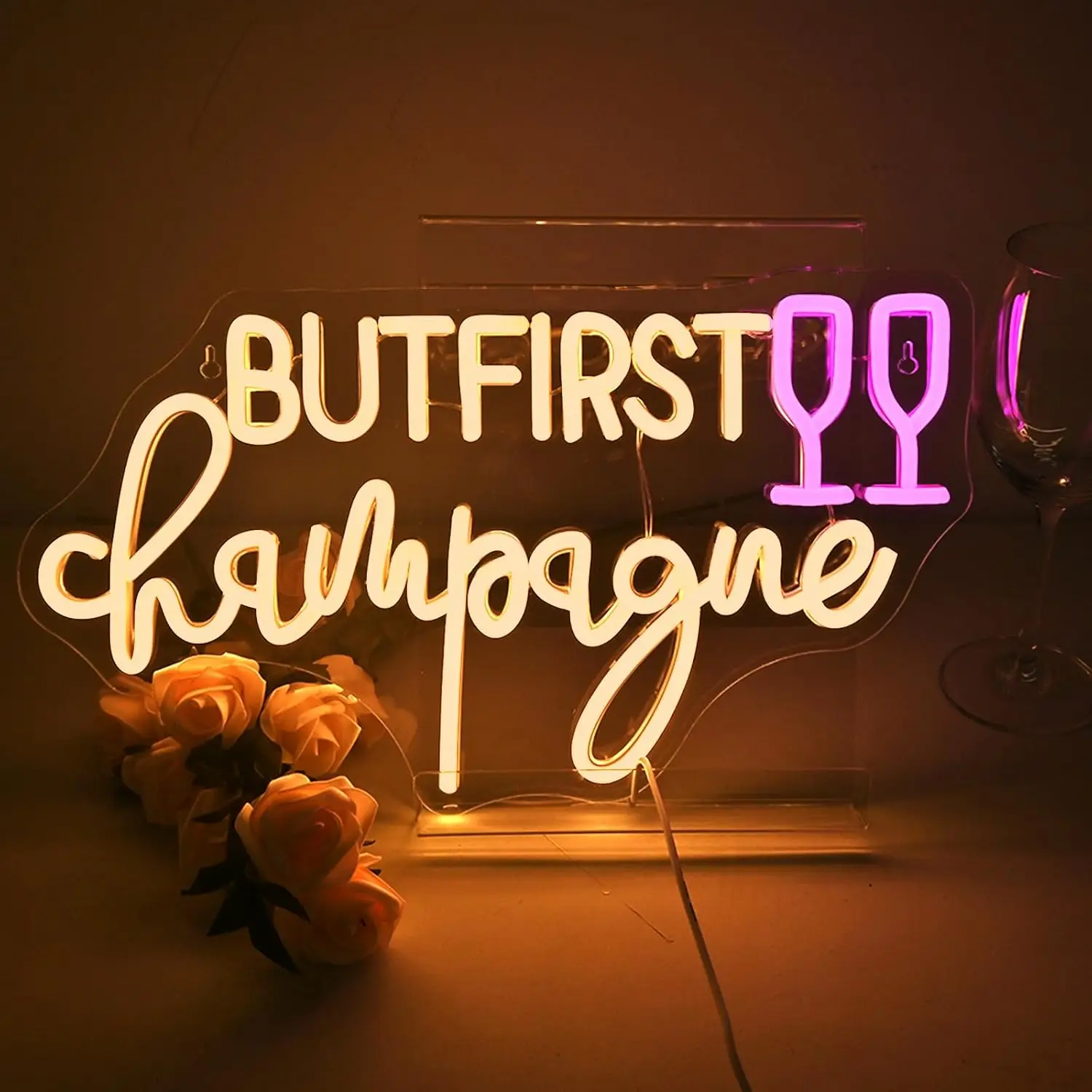 But First Champagne Neon Sign Wine Glass LED Wall Art USB Powered Bachelorette Party Bridal Shower Bar Cart Decor Gift
