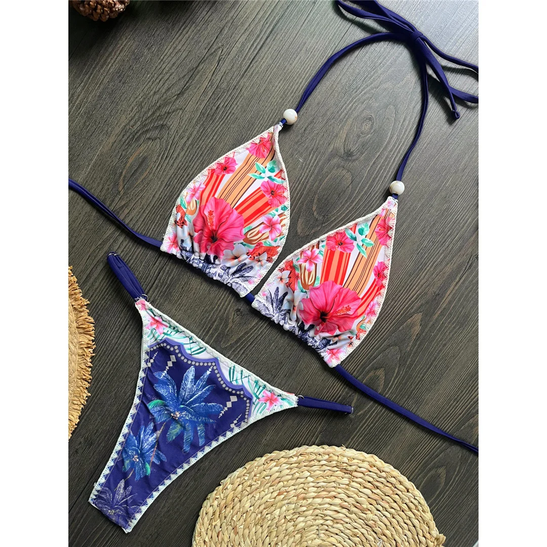 Blumenmuster, Neckholder-Bikini, Damen-Badeanzug, zweiteiliges Bikini-Set, gepolsterter Badeanzug, Badebekleidung, Modell V8283. – Detail 4