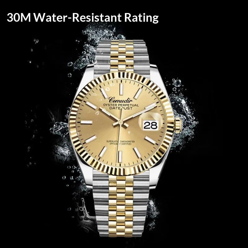 Golden Watch Men's Night Light Calendar Waterproof Quartz Watch for Men Women with Stainless Steel Band Durable Timepiece