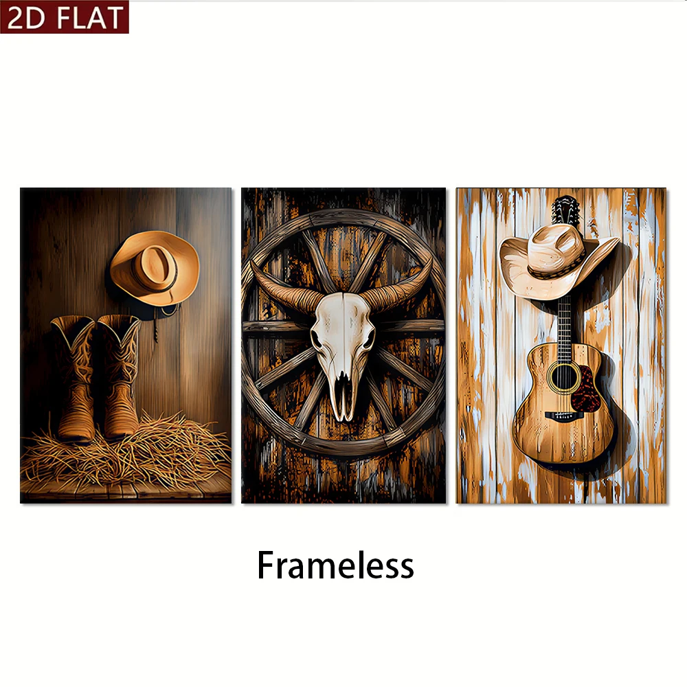 1 set of Western cowboy style cow head bone guitar cowboy boots triple living room foyer frameless decorative painting 2D plan