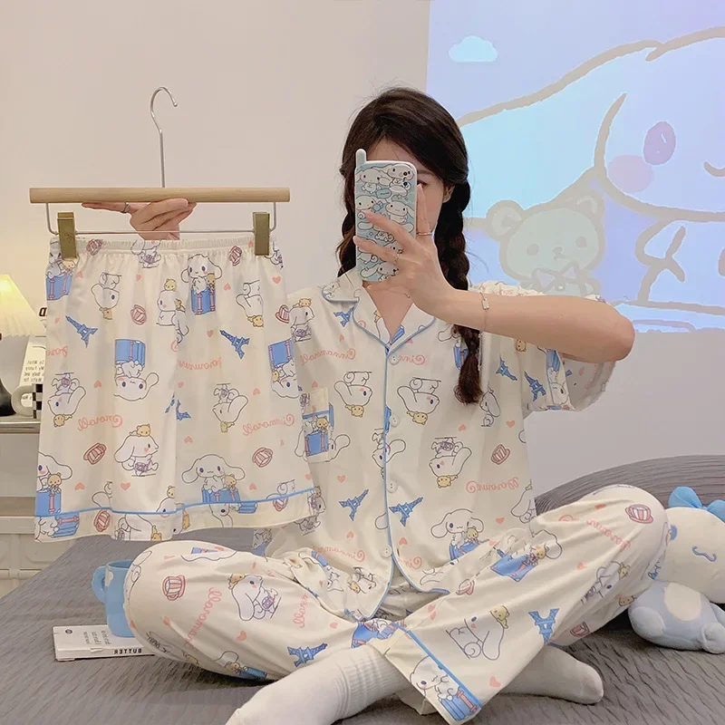 Kawaii Hello Kitty Pajamas Trousers Shorts Three Piece Set MINISO Anime Cinnamoroll Lovely Girl Student Sweet  Leisure Wear New