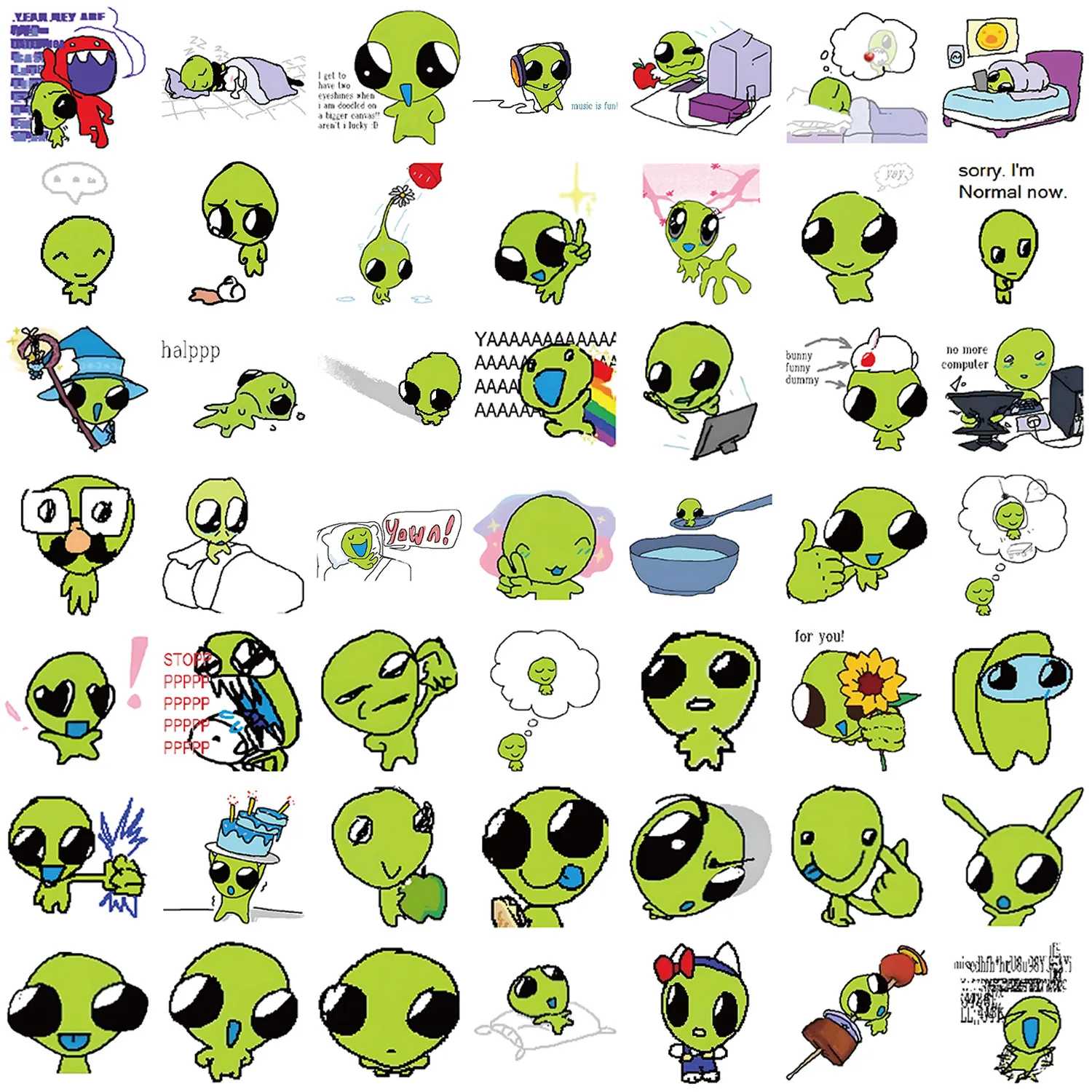 10/52 pièces vert Alien autocollants bricolage pour Scrapbook téléphone guitare ordinateur portable valise bouteille d'eau étanche décalcomanies autocollant enfants jouets