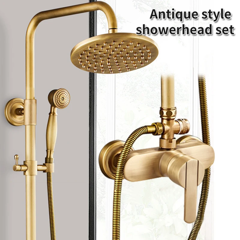 European Style Antique All Copper Shower Head And Faucet Set Vintage Hot And Cold Water Shower Set