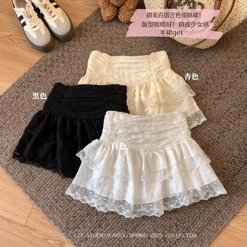 

Women's Pleated Mini White Lace Cake Skirt Summer Princess Ruffles Short Skirts