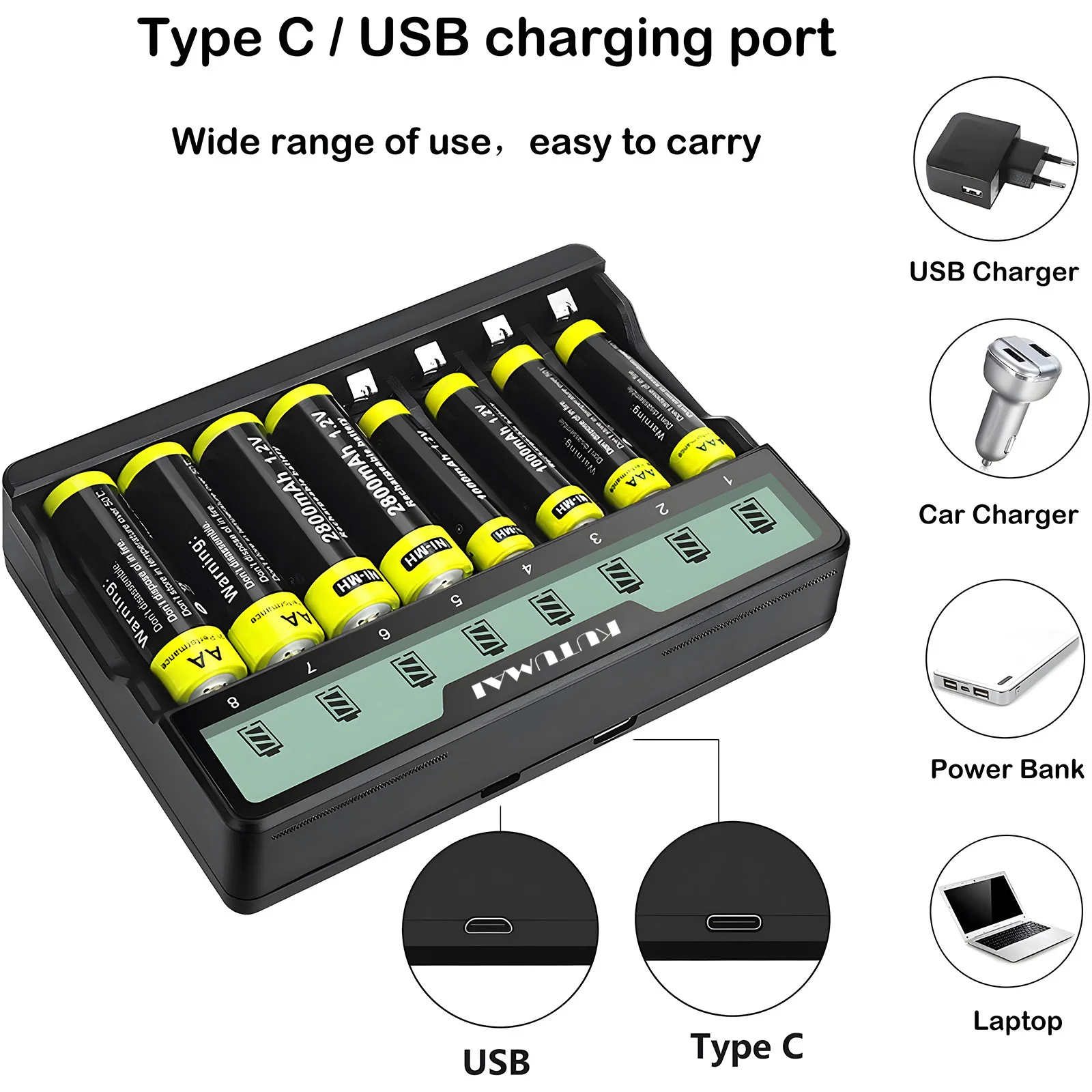 8 Slots Battery Charger with LED Display and USB Port Fast Charging for 1.2V AA/AAA Ni-MH Ni-Cd Batteries (Battery not included)