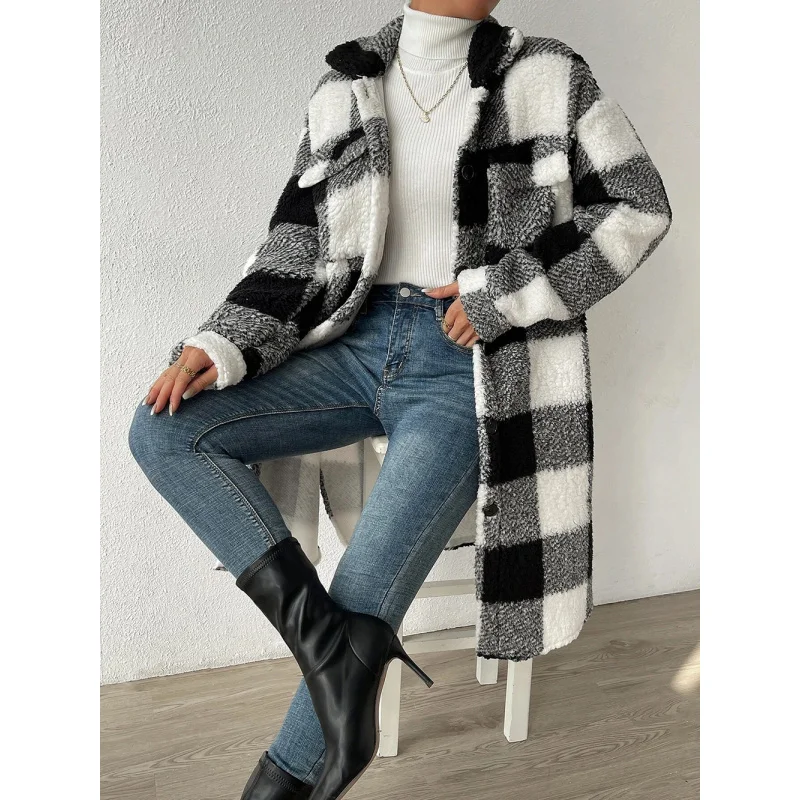European and American Style Autumn Winter Open Button Turn-down Collar Plush Plaid Loose Fit Elegant Long Coat