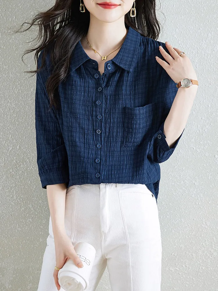 100% Cotton Women Casual Shirt New Arrival 2023 Korean Style Vintage Plaid Half Sleeve Loose Female Tops Shirts B3062