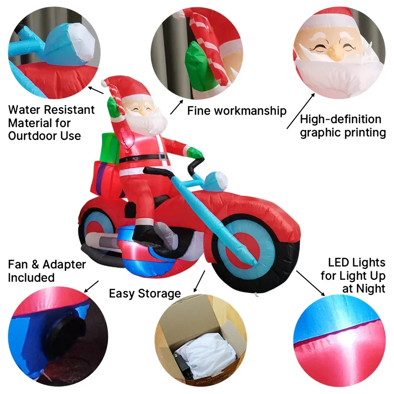 1,8 M/5,9 pies inflable Santa en motocicleta luces de Navidad LED hogar vacaciones iluminación decoración patio suministros de Navidad decoración al aire libre