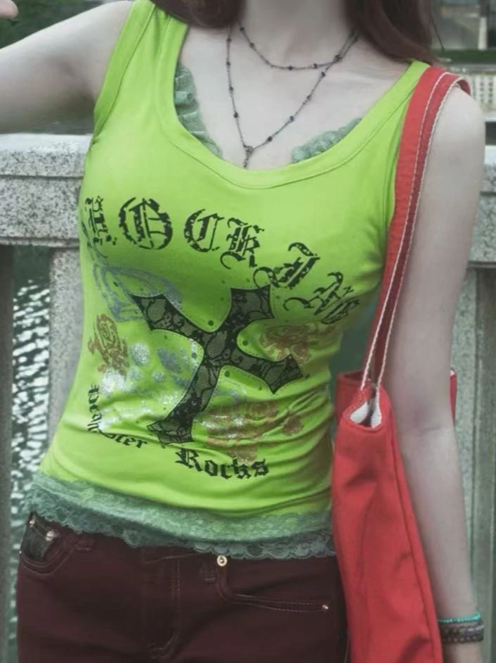 2000s Alt Fashion Sleeveless Tank Neon Green Gothic Letter Skull Cross Floral Lace Hem Slim Fitted Top