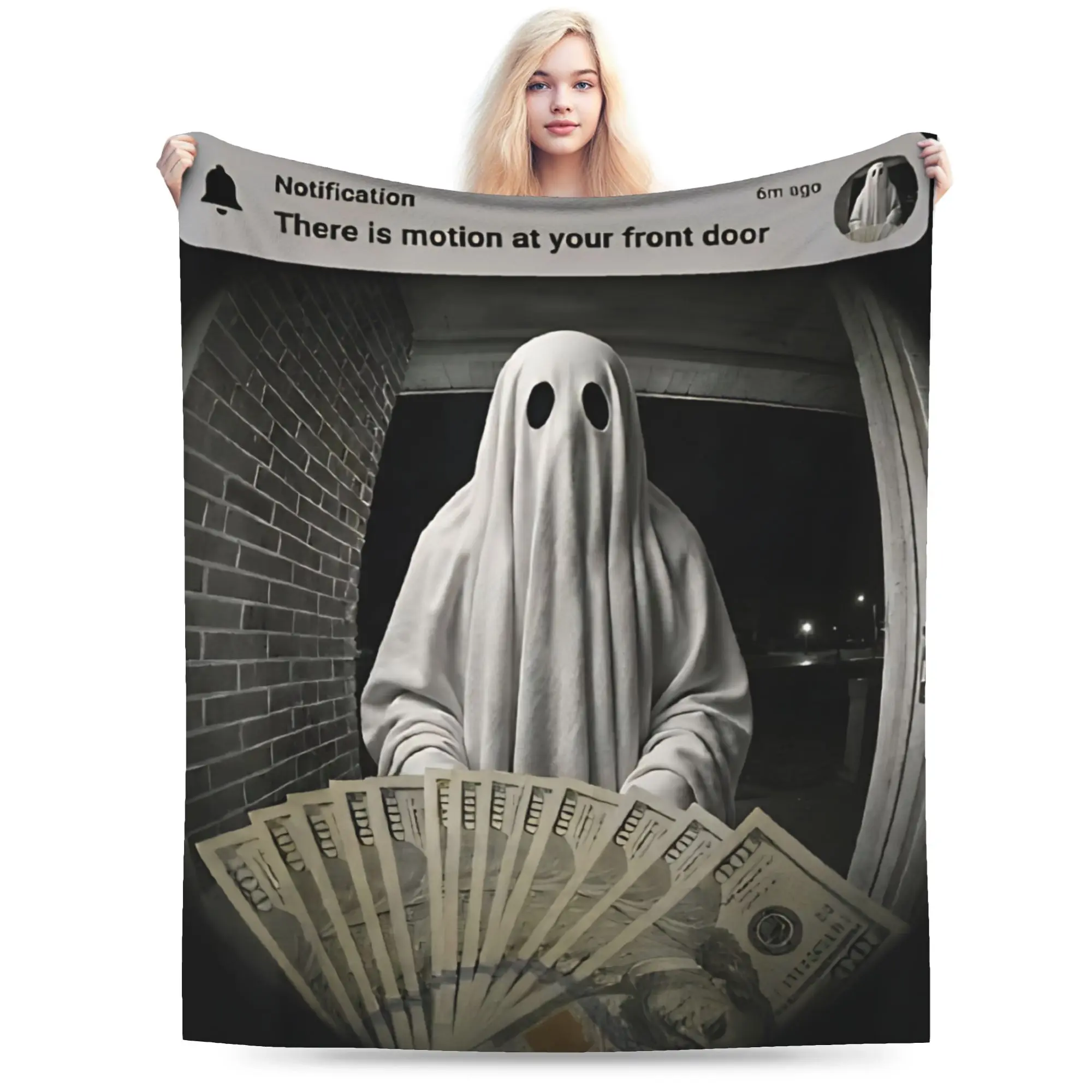 Spooky Ghost Motion Front Door Alert Humor Blanket Velvet  Relax Lightweight Thin Throw Blanket for Home Bedding Throws