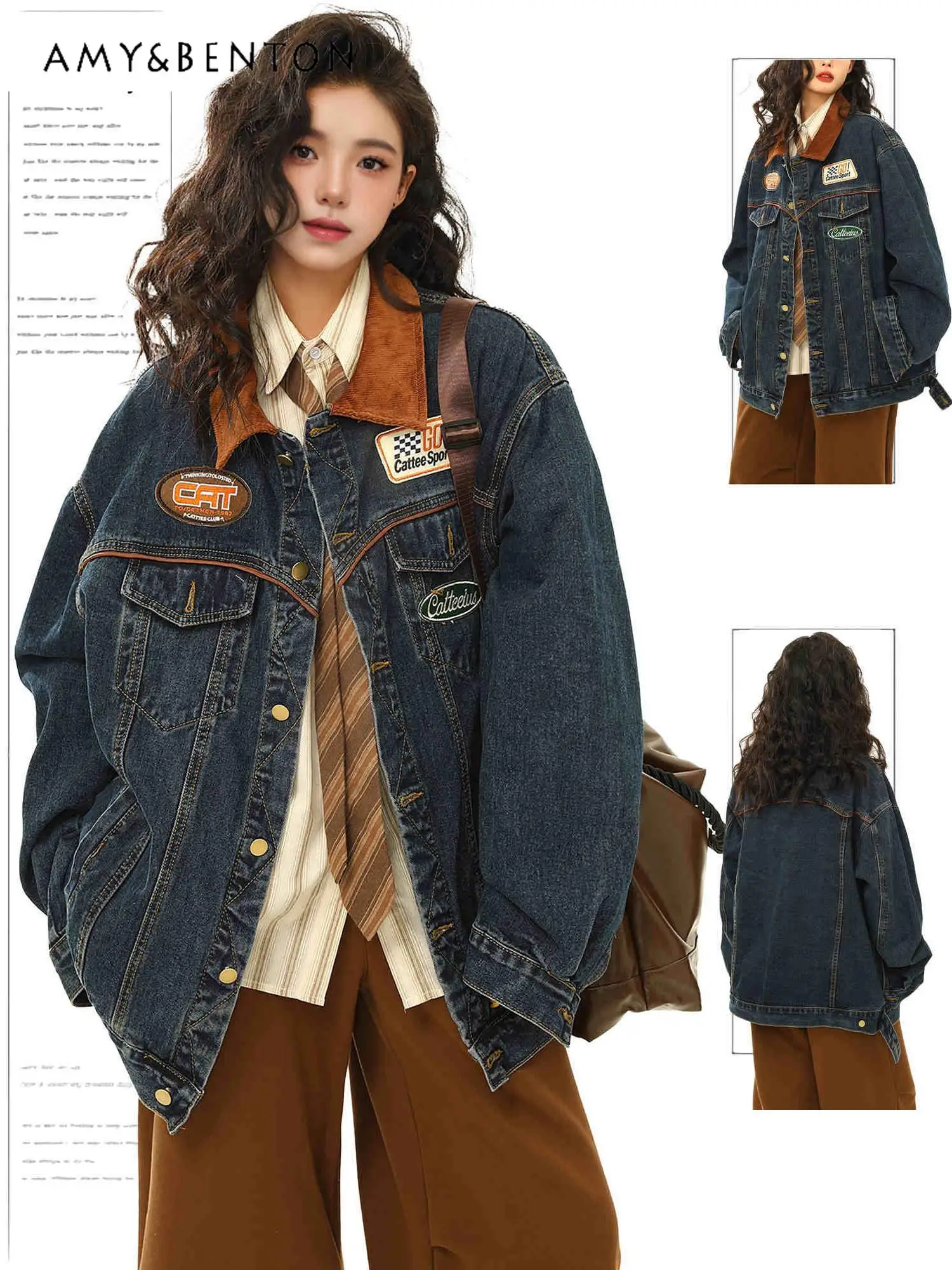 

2025 Spring and Autumn New American Retro Style Denim Jacket with Turn-down Collar High Street Motorcycle Loose Jacket Top