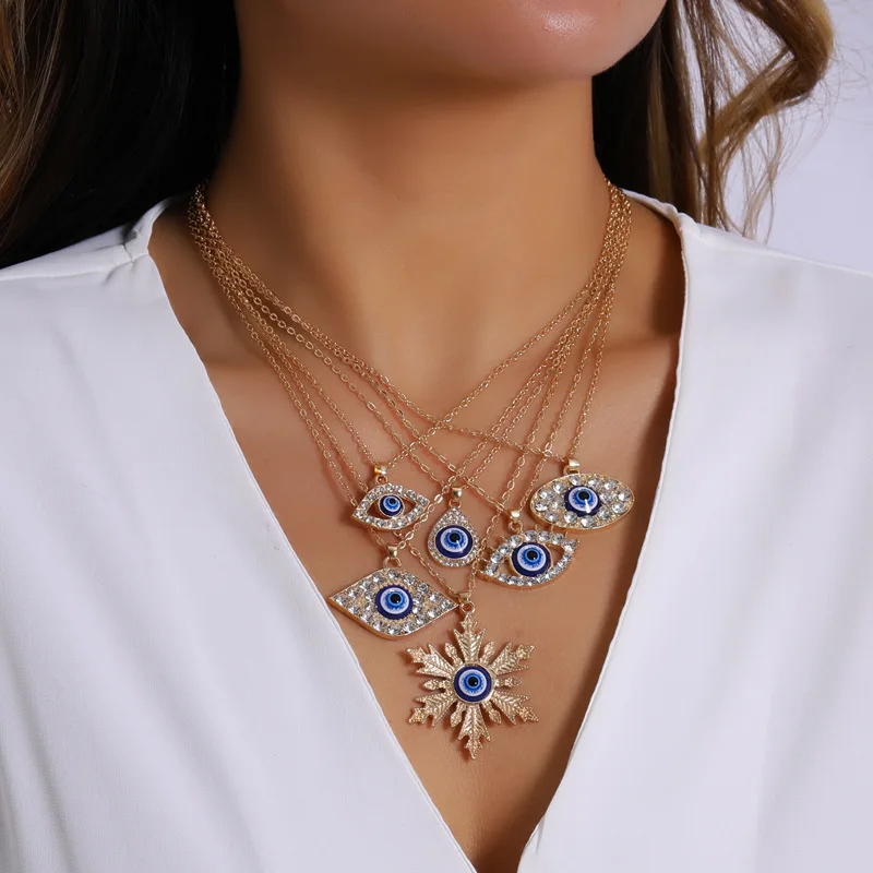 Classic Zircon Hamsa Evil Blue Eye Pendant Necklace For Women Stainless Steel Turkish Eye Eyelash Choker Necklace Greek Bijoux