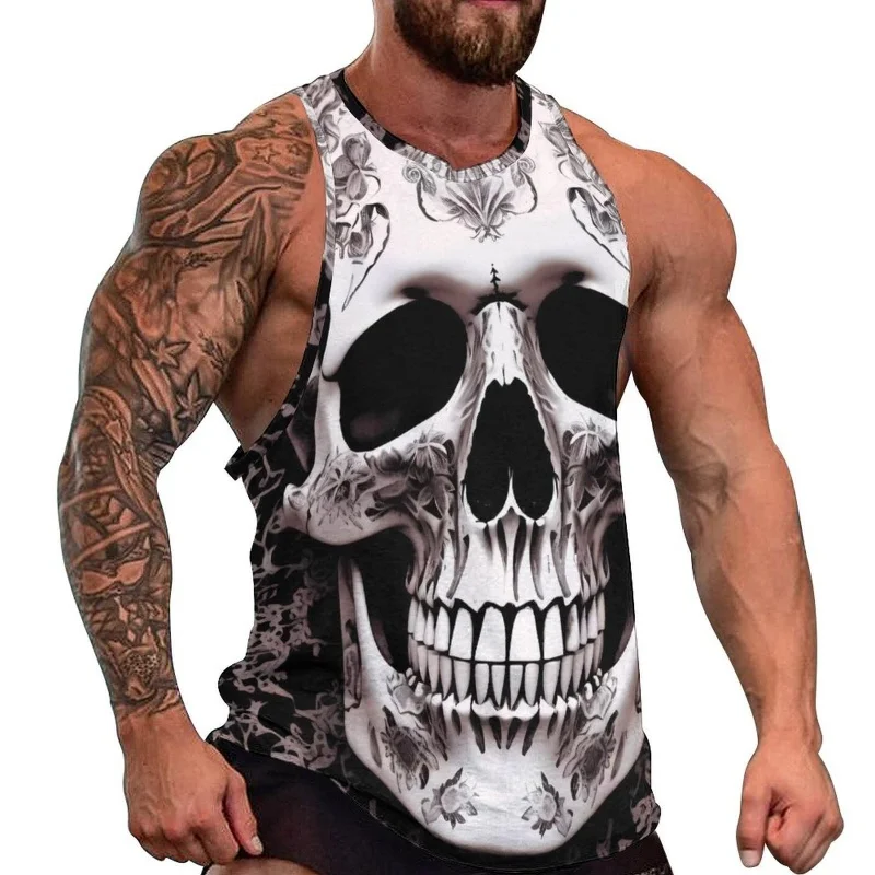 3D Printed Camouflage Skull Tank Tops For Men Colorful Skeleton Pattern Tees Summer Loose Sports Street O-Neck Vest Casual Tops