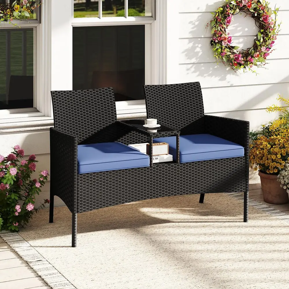 

Patio Loveseat with Builtin Table, Wicker 2Seat Furniture with Soft Cushions amp Tempered Glass Tabletop, Metal Frame Outdoor C