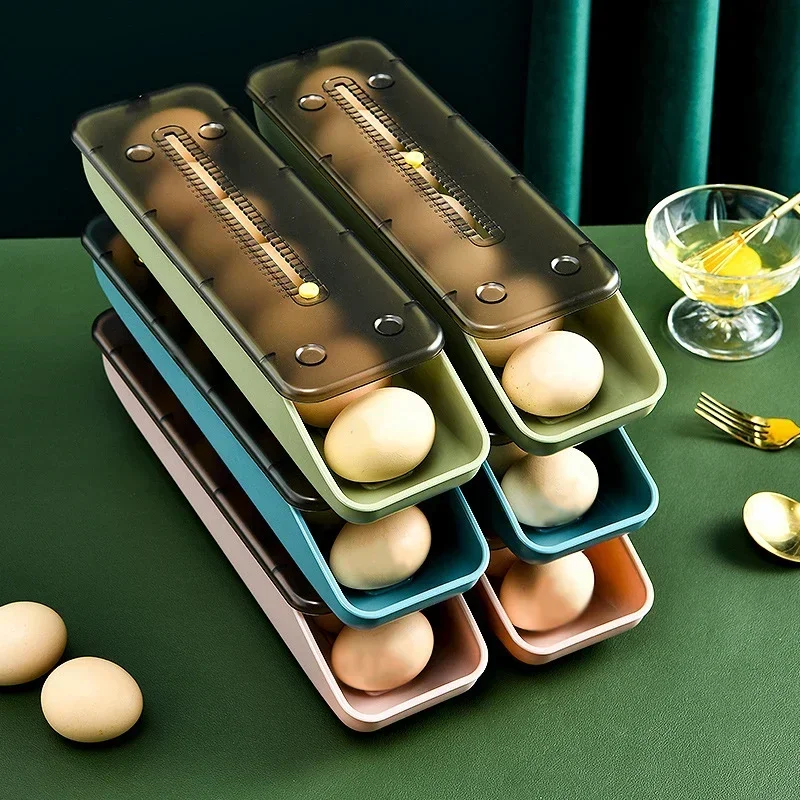 Automatic Rolling Egg Storage Box Plastic Storage Container Kitchen Fridge Storage Organization Eggs Holder Basket Cartons Tray