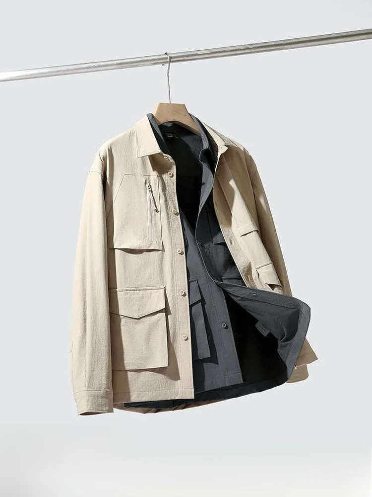 

Italian High-End Men's Outdoor Lightweight irt Jaet with ket Stand Fit Nylon Casual Sle Long Sve Pure Color