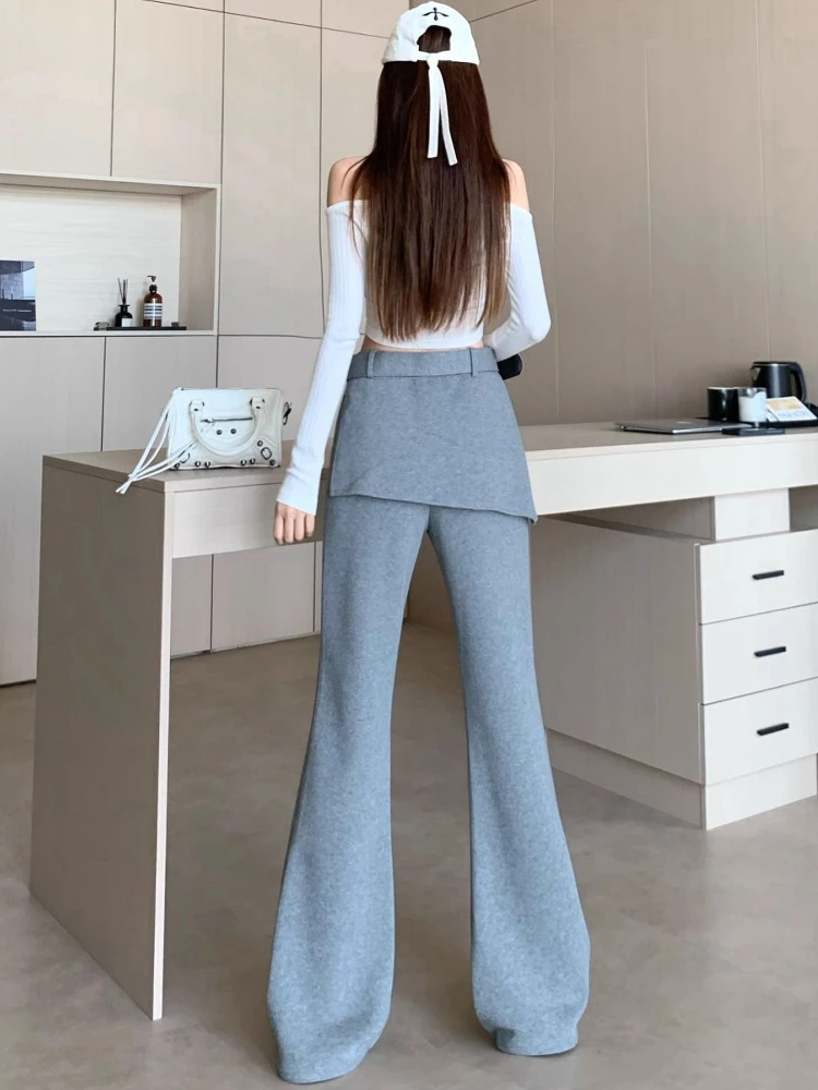 Szare mikro-spodnie damskie jesienno-zimowe, szyte, imitujące dwuczęściowy komplet, z wysokim stanem, typu culottes, dopasowane, modne, w stylu Y2k, codzienne spodnie.