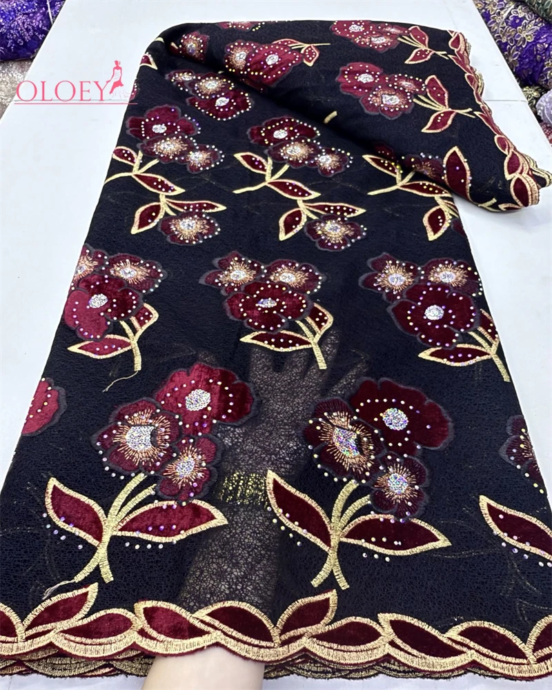 

2025 Fashion French Embroidery Velvet Lace Fabric African Nigerian Sequin Lace Fabric For Wedding Dress